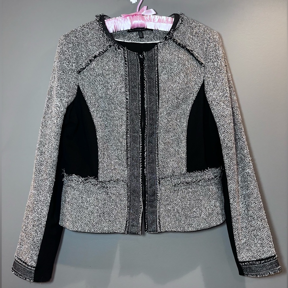 WHBM Contrast Tweed Fringe Jacket | Black White Structured Modern Blazer Size 14